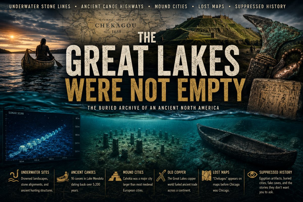 The Great Lakes Were Not Empty: Underwater Stone Lines, Ancient Canoe Highways, Mound Cities, Lost Maps, and the Suppressed Edge of North American History