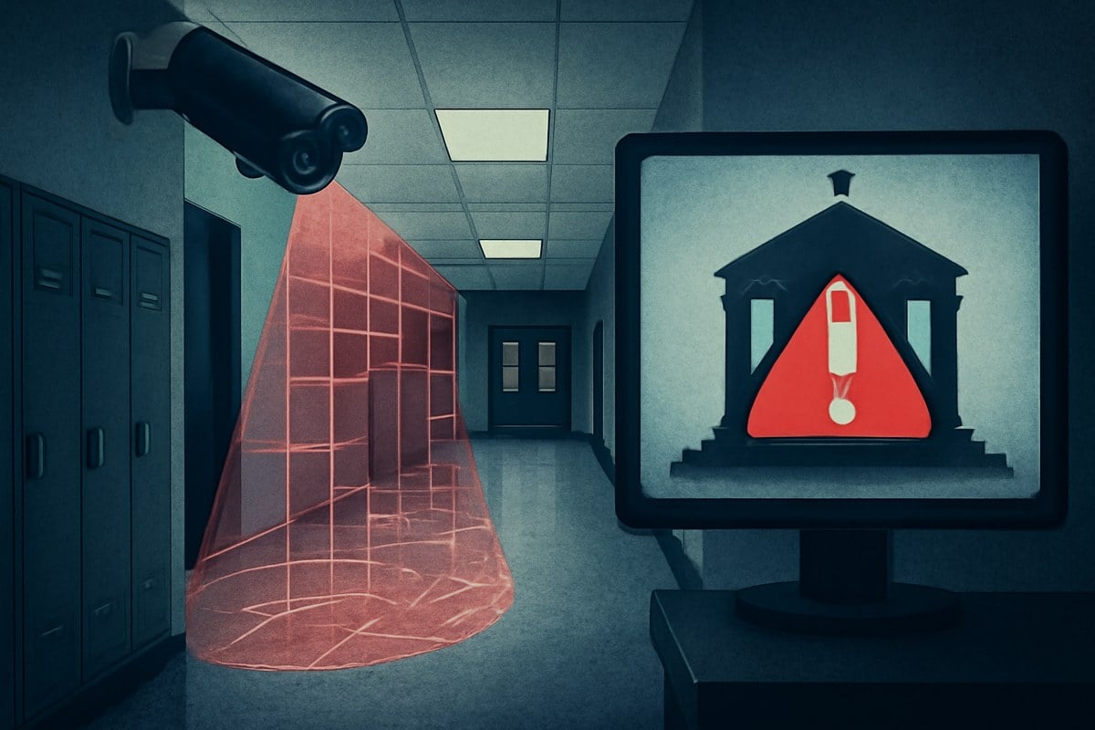 Editorial illustration of a school hallway security camera projecting an imperfect digital detection grid, with a courthouse silhouette in the background and a warning symbol on a monitor; no logos, no real people and no weapons shown.