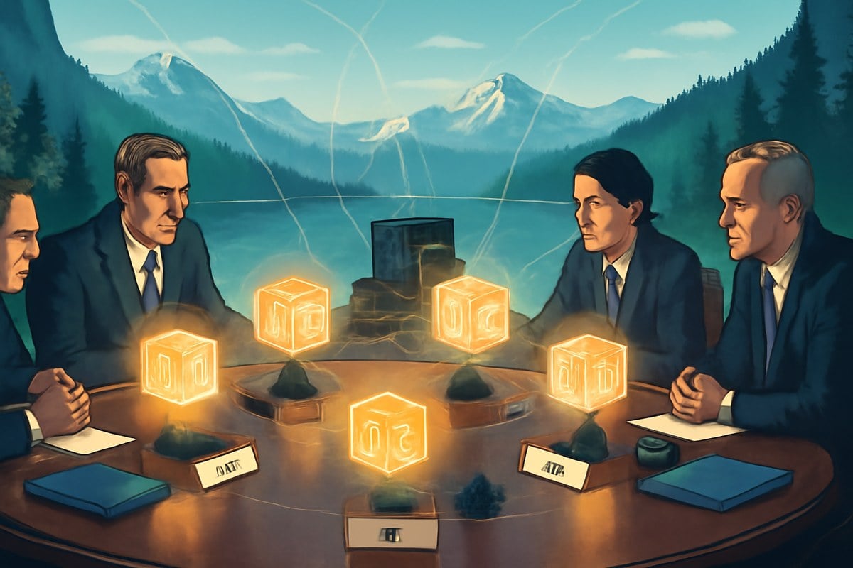 Editorial illustration of leaders around a summit table with glowing AI model cores above national nameplates, alpine lake backdrop and subtle network lines linking chips, data centers and diplomatic folders.