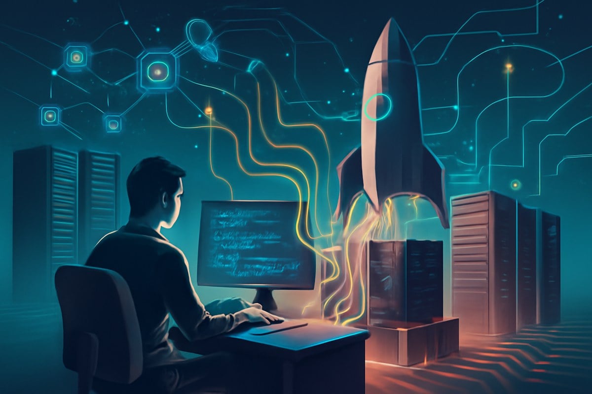 Futuristic developer workstation connected by glowing code streams to rocket-like compute infrastructure, orbital nodes and abstract AI agents, without logos or text.