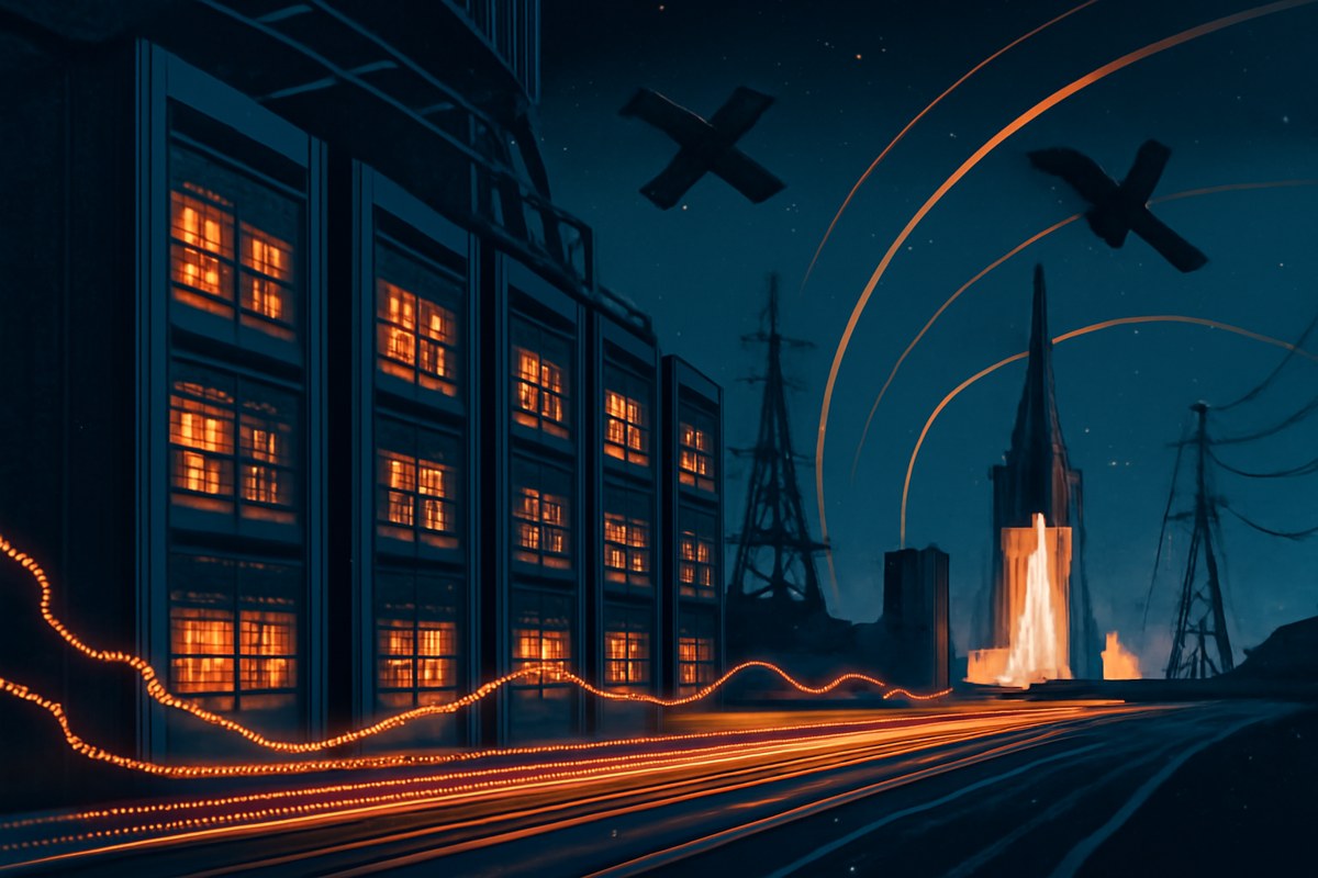 A futuristic AI data center connected to launch infrastructure, satellites, power lines, and financial market light trails, illustrating compute as strategic infrastructure.
