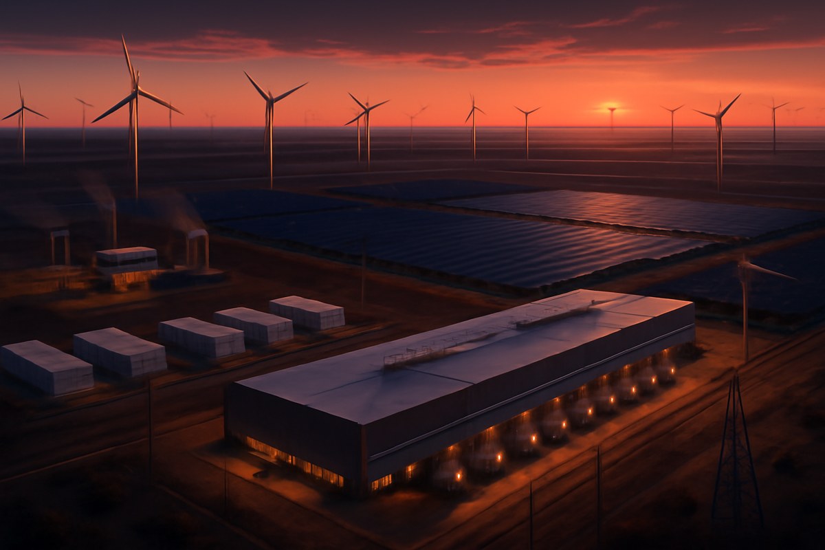 A Texas Panhandle AI data center campus integrated with wind turbines, solar arrays, battery containers, cooling equipment, and power lines at dusk.