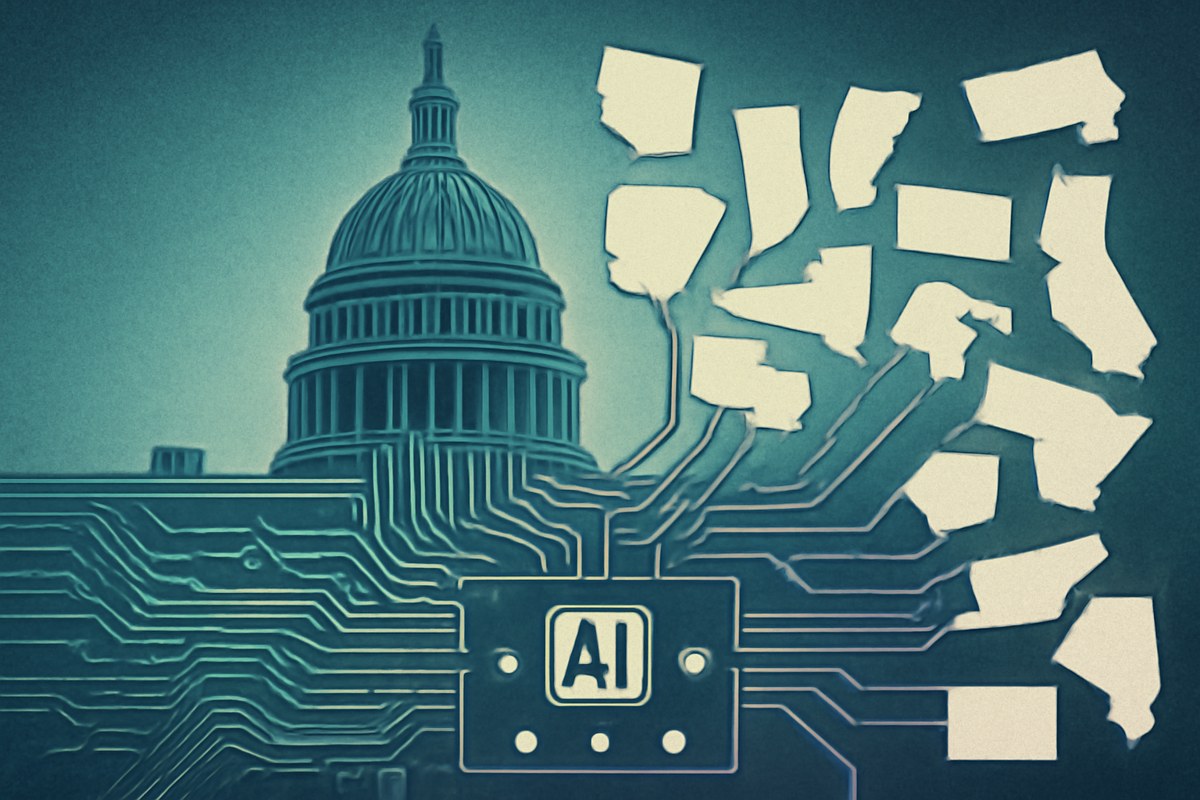 Editorial illustration of the U.S. Capitol rendered as circuit-board infrastructure, with fragmented state-map shapes and AI nodes being routed into a single federal control panel.