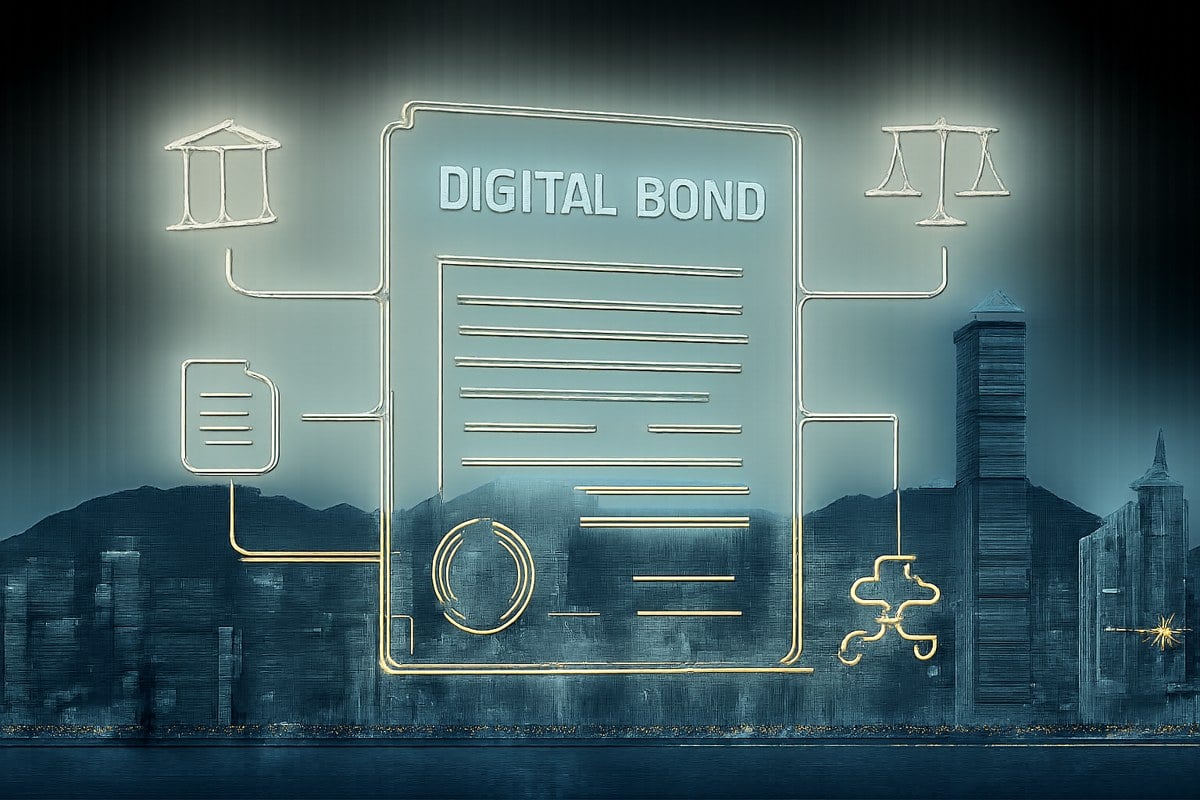 Hong Kong skyline behind a transparent digital bond certificate connected by glowing ledger lines to banks, legal documents and settlement rails.
