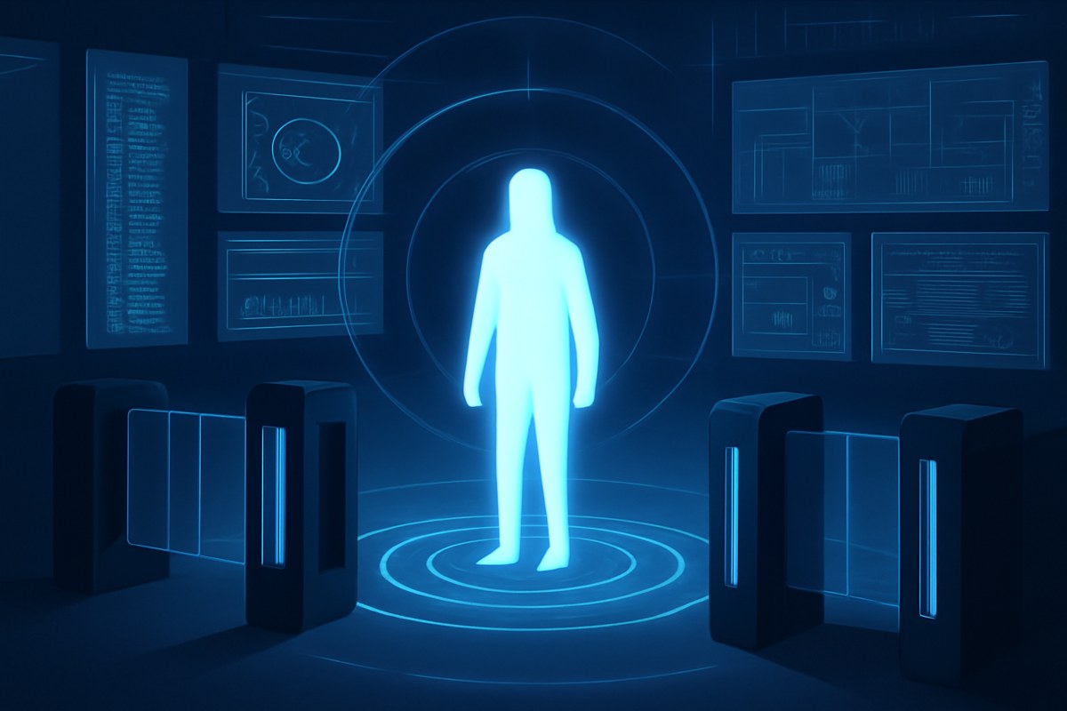 Editorial illustration of an AI agent silhouette inside a corporate security control room, surrounded by access gates, code streams, anomaly dashboards, and layered containment systems.