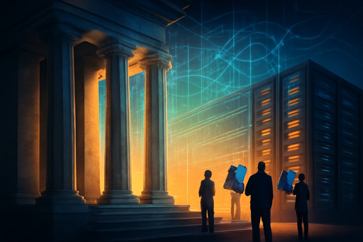 Editorial illustration of Washington government architecture blending into an AI data center, with citizen silhouettes holding symbolic share certificates.