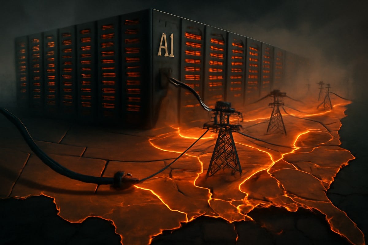 A large AI data center connected to a strained regional power grid, with transmission lines under pressure and state borders subtly cracking to suggest market fragmentation.