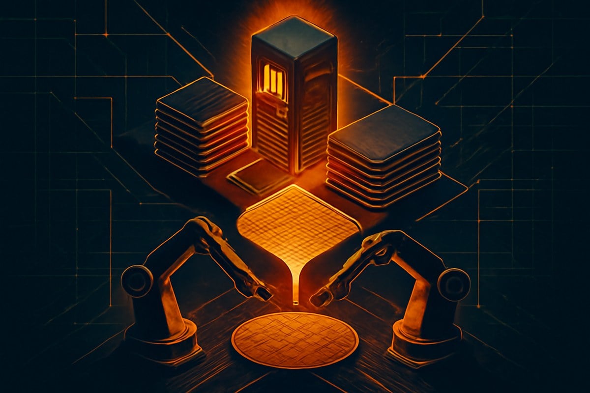 A futuristic AI factory supply chain with server racks, stacked memory chips, semiconductor wafers, robotic fab arms and an hourglass bottleneck motif.