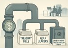 A digital dollar pipeline flows into Treasury bills, repo ledgers, and institutional money-market vaults, with abstract bank towers and asset-manager desks in the background.
