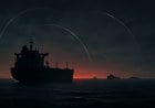 Commercial tankers and naval silhouettes in the Strait of Hormuz at dusk, with faint drone trails and radar-like warning arcs over dark water.