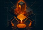 A futuristic AI factory supply chain with server racks, stacked memory chips, semiconductor wafers, robotic fab arms and an hourglass bottleneck motif.