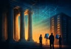Editorial illustration of Washington government architecture blending into an AI data center, with citizen silhouettes holding symbolic share certificates.