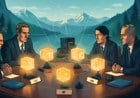 Editorial illustration of leaders around a summit table with glowing AI model cores above national nameplates, alpine lake backdrop and subtle network lines linking chips, data centers and diplomatic folders.