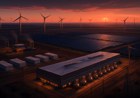 A Texas Panhandle AI data center campus integrated with wind turbines, solar arrays, battery containers, cooling equipment, and power lines at dusk.