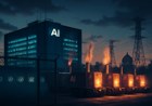 A large AI data center at dusk behind fencing, with mobile gas turbines, power lines and a distant federal courthouse silhouette, evoking a dispute over energy, law and national security.