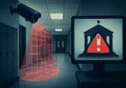 Editorial illustration of a school hallway security camera projecting an imperfect digital detection grid, with a courthouse silhouette in the background and a warning symbol on a monitor; no logos, no real people and no weapons shown.