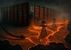 A large AI data center connected to a strained regional power grid, with transmission lines under pressure and state borders subtly cracking to suggest market fragmentation.