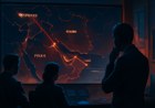 An editorial illustration of a tense diplomatic control room overlooking a dark Middle East map, with glowing links between Switzerland, Lebanon, Hormuz, Washington and Tehran.