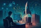 Futuristic developer workstation connected by glowing code streams to rocket-like compute infrastructure, orbital nodes and abstract AI agents, without logos or text.