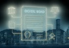 Hong Kong skyline behind a transparent digital bond certificate connected by glowing ledger lines to banks, legal documents and settlement rails.