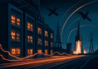 A futuristic AI data center connected to launch infrastructure, satellites, power lines, and financial market light trails, illustrating compute as strategic infrastructure.
