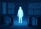 Editorial illustration of an AI agent silhouette inside a corporate security control room, surrounded by access gates, code streams, anomaly dashboards, and layered containment systems.