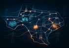 A Texas-shaped electric grid at night with glowing server farms, transmission lines, voltage-wave distortions, and amber warning highlights around substations.