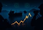 Nighttime editorial scene of dark tanker silhouettes in the Strait of Hormuz, radar glow, drone trails and distant military shadows over tense waters.