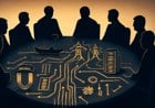 Editorial illustration of G7 leaders as silhouettes around a conference table shaped like a circuit board and mining map, with minerals, server racks, energy lines and defense components linked by glowing supply-chain routes.