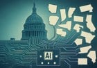 Editorial illustration of the U.S. Capitol rendered as circuit-board infrastructure, with fragmented state-map shapes and AI nodes being routed into a single federal control panel.