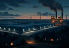 A large AI data center campus at dusk with server buildings and an onsite gas power plant behind the same fence, transmission towers in the distance and nearby homes in the foreground.