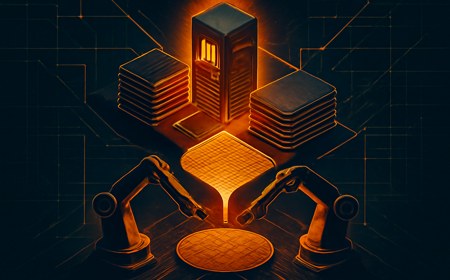 A futuristic AI factory supply chain with server racks, stacked memory chips, semiconductor wafers, robotic fab arms and an hourglass bottleneck motif.