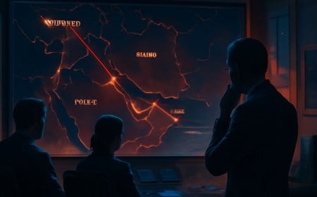 An editorial illustration of a tense diplomatic control room overlooking a dark Middle East map, with glowing links between Switzerland, Lebanon, Hormuz, Washington and Tehran.
