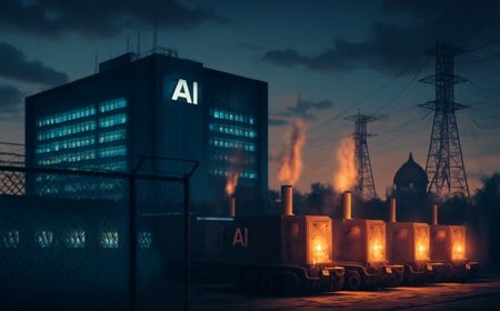 A large AI data center at dusk behind fencing, with mobile gas turbines, power lines and a distant federal courthouse silhouette, evoking a dispute over energy, law and national security.