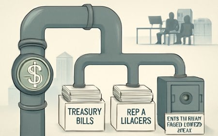 A digital dollar pipeline flows into Treasury bills, repo ledgers, and institutional money-market vaults, with abstract bank towers and asset-manager desks in the background.