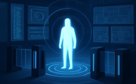 Editorial illustration of an AI agent silhouette inside a corporate security control room, surrounded by access gates, code streams, anomaly dashboards, and layered containment systems.