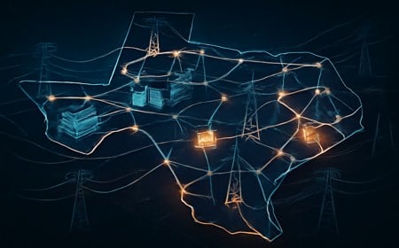 A Texas-shaped electric grid at night with glowing server farms, transmission lines, voltage-wave distortions, and amber warning highlights around substations.