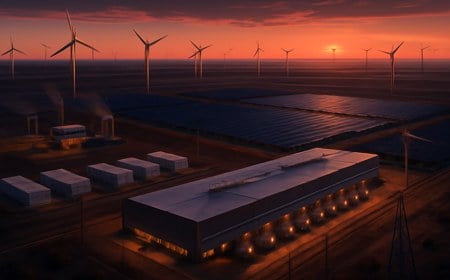 A Texas Panhandle AI data center campus integrated with wind turbines, solar arrays, battery containers, cooling equipment, and power lines at dusk.
