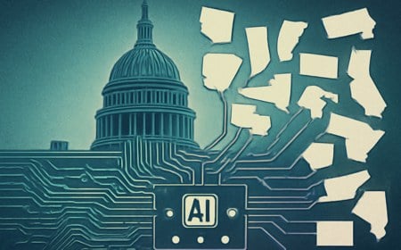 Editorial illustration of the U.S. Capitol rendered as circuit-board infrastructure, with fragmented state-map shapes and AI nodes being routed into a single federal control panel.