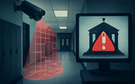 Editorial illustration of a school hallway security camera projecting an imperfect digital detection grid, with a courthouse silhouette in the background and a warning symbol on a monitor; no logos, no real people and no weapons shown.