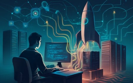 Futuristic developer workstation connected by glowing code streams to rocket-like compute infrastructure, orbital nodes and abstract AI agents, without logos or text.