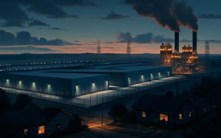 A large AI data center campus at dusk with server buildings and an onsite gas power plant behind the same fence, transmission towers in the distance and nearby homes in the foreground.