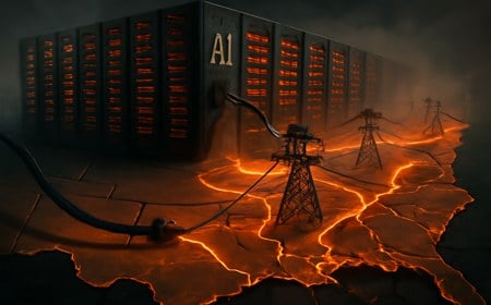 A large AI data center connected to a strained regional power grid, with transmission lines under pressure and state borders subtly cracking to suggest market fragmentation.
