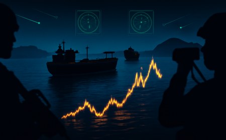 Nighttime editorial scene of dark tanker silhouettes in the Strait of Hormuz, radar glow, drone trails and distant military shadows over tense waters.
