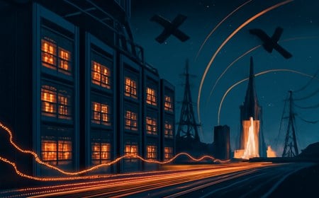 A futuristic AI data center connected to launch infrastructure, satellites, power lines, and financial market light trails, illustrating compute as strategic infrastructure.