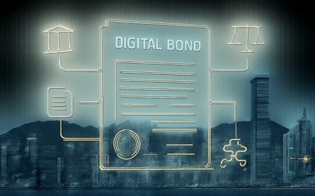 Hong Kong skyline behind a transparent digital bond certificate connected by glowing ledger lines to banks, legal documents and settlement rails.