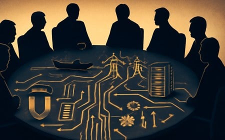 Editorial illustration of G7 leaders as silhouettes around a conference table shaped like a circuit board and mining map, with minerals, server racks, energy lines and defense components linked by glowing supply-chain routes.