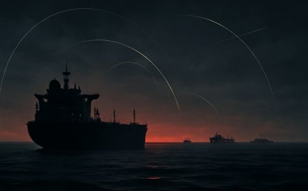 Commercial tankers and naval silhouettes in the Strait of Hormuz at dusk, with faint drone trails and radar-like warning arcs over dark water.