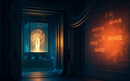 A glowing AI command center inside a secure data vault, with network cables sealed behind heavy blast doors and abstract malicious text fragments stopped by a firewall.