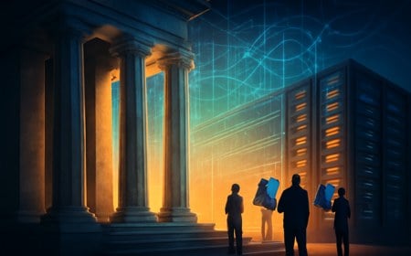 Editorial illustration of Washington government architecture blending into an AI data center, with citizen silhouettes holding symbolic share certificates.